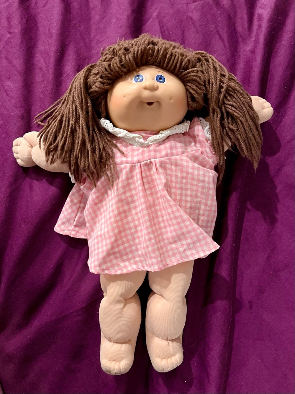 Cabbage Patch Kids Vintage Retro 1978-1982 Doll in Pink Gingham Dress Brown Hair